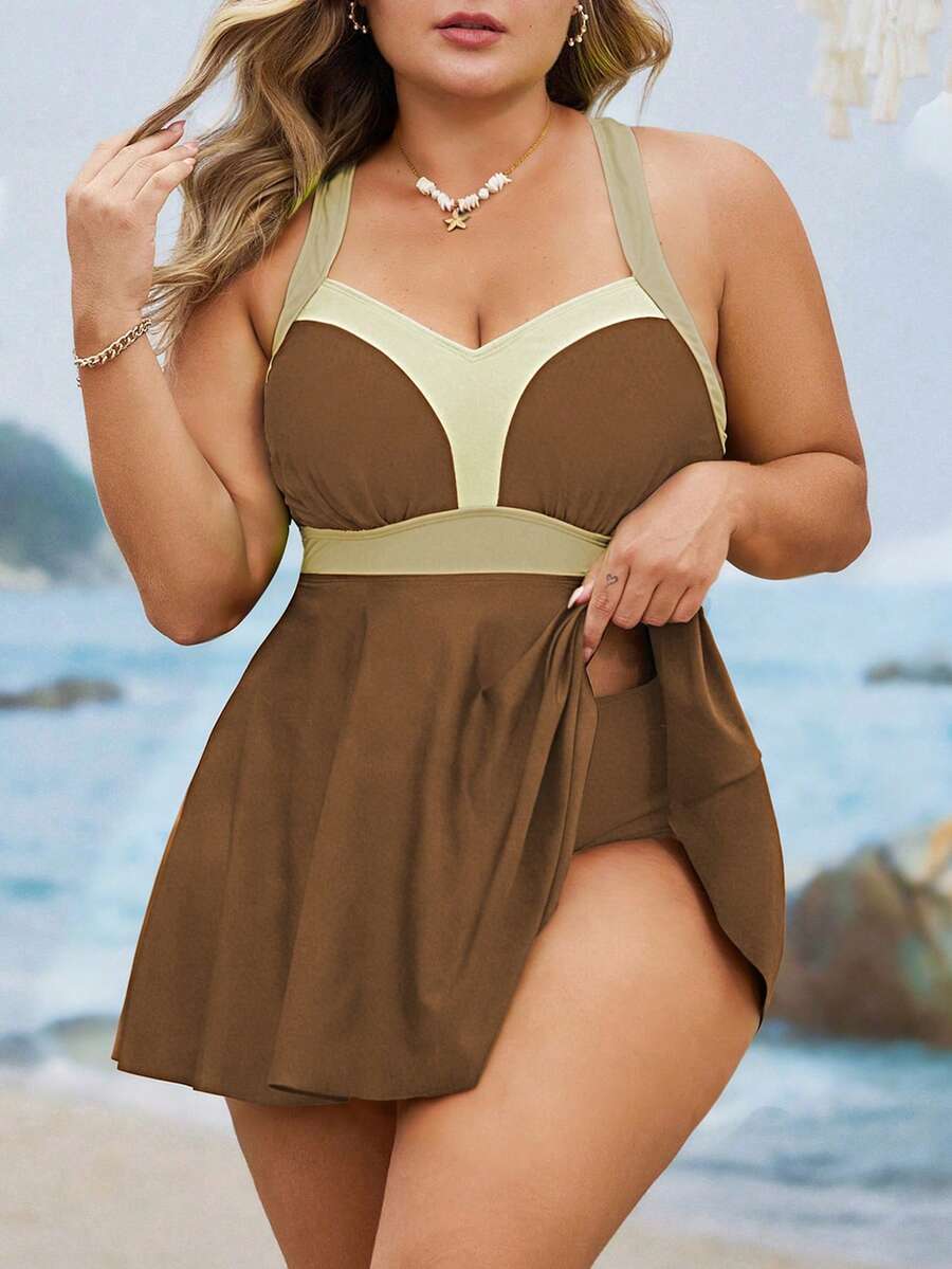 Swim Lushoire Ensemble de maillot de bain modeste 2 pièces pour femmes grandes tailles, avec camisole à bretelles fines, taille froncée et ourlet évasé. Décontracté pour l'été et les vacances - Multicolore - Voir 1