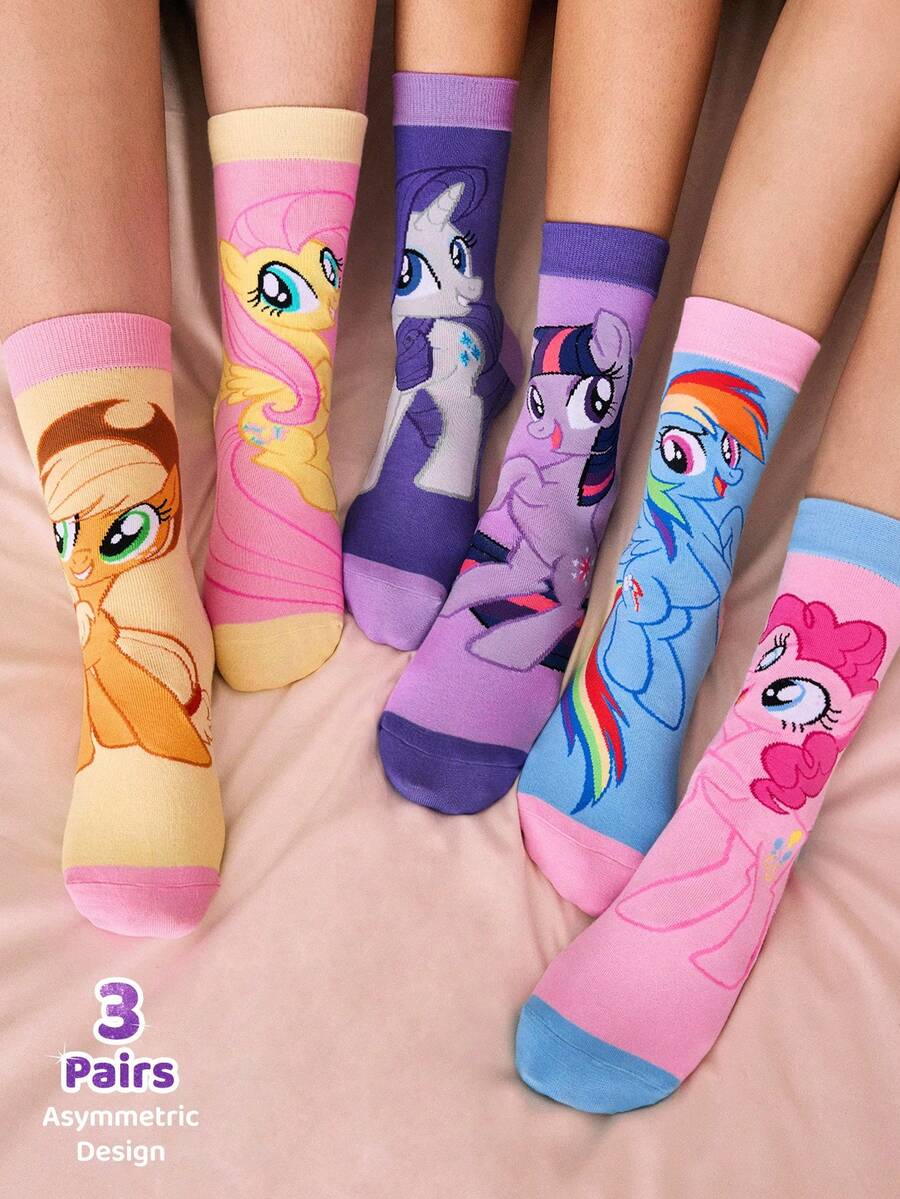 My Little Pony X SHEIN 3双装不对称袜子,柔软透气吸湿,休闲不对称设计,中筒袜,甜美卡通图案,时尚可爱糖果色,女士及女孩袜子,加固趾部和脚跟,经久耐穿,四季皆宜,百搭夏季冬季,图案袜子,Y2K风格,糖果色。 - 彩色 - 查看 1