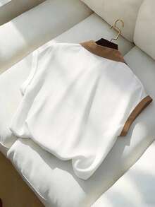 GlowEve Áo kiểu tay ngắn phối màu thanh lịch dành cho nữ, thích hợp cho mùa hè. - trắng - Xem 2