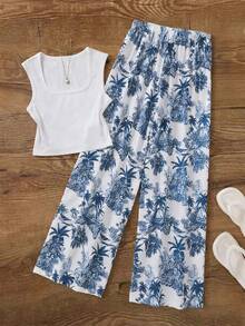 GlowEve 女士休闲度假植物印花高腰抽绳宽松直筒裤 - 藍白色 - 查看 2