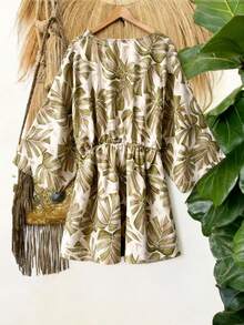 SHEIN Holidaya Summer Tropical Plant Print Loose Short Dress - Green - View 2