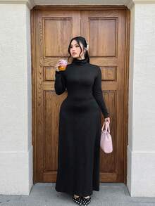 SHEIN EZwear 大码黑色高领长款休闲连衣裙，适合约会、外出和通勤，秋冬季百搭之选 - 黑色 - 查看 4