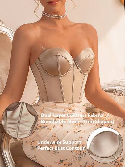 Women Solid Color Minimalist Shiny Smooth Boning Bustier Bra Sexy Mesh Patchwork Tummy Control Push Up Underwire Shapewear Bodysuit Bra Can Be Worn Outerwear Strapless Camisole Top Corset Top Strapless Top Corset Bra Strapless Bra Tube Top Built In Bra Wedding