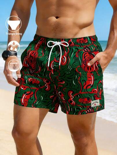 Horizaway Men's Fashionable All-Over Print Beach Shorts, Summer Mens Patterned Swim Trunks Green Men Swim Trunks Green Red Abstract Swim Shorts Men S Red Streetwear Swim Shorts