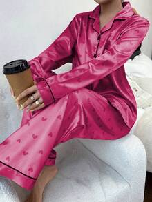 Napfluff Bộ đồ ngủ tay dài và quần dài in hình trái tim bằng chất liệu giả satin. - Màu Hồng Tươi - Xem 4