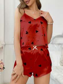 LuxeNights Women's Heart Print Faux Silk Camisole And Shorts Pajama Set - Red - View 4