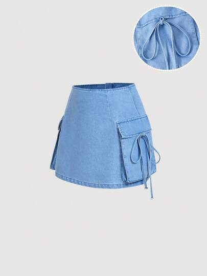 Sweetra Women's Casual Solid Color Pocket Denim Mini Skirt