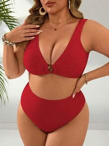 Swim Basics 大码女式两件套纯色针织提花面料侧边镂空琥珀环装饰高腰泳衣套装，优雅休闲沙滩度假装 - 紅色 - 查看 3