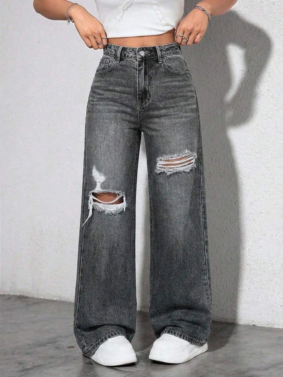 EURMUSE Washed Denim Blue High Waist Ripped Wide Leg Jeans - Light Grey - View 1