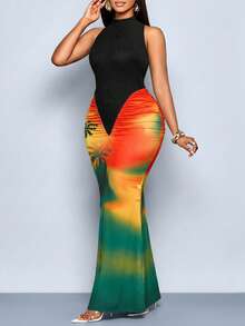 SOLERSUN 大码性感优雅通勤派对海滩度假约会修身长裙春夏女装热带假日花卉渐变复古风格，适合热带岛屿派对，无袖修身鱼尾褶皱长裙，黑色与岛屿印花撞色拼接，适合约会派对 - 黑色 - 查看 1