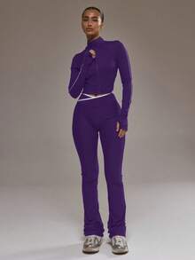 Musera Sport Zip Through Stripe Detail Cropped BBL Jacket Only Padel Autumn Fall Activewear Sport Gym Workout Yoga Pilates Fitness Daily Casual - Violet Purple - View 5