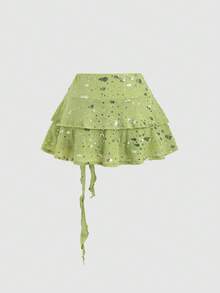 Sweetra Women's Summer New Elegant Fashion Sequins Ruffle Double-Layer Skirt With 3D Flower Ribbons, Casual Vacation Y2K Mini Green Skirt, Spring/Summer Double-Layer Ruffle Sequins A-Line Mini Skirt - Green - View 2