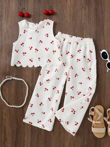 SHEIN 少女休闲可爱樱花印花圆领无袖上衣及长裤套装 - 杏色 - 查看 2