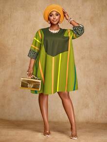 Brilight 女士优雅性感收腰连衣裙南非传统连衣裙派对聚会艺术印花流行色条纹短款连衣裙艺术写真拍摄连衣裙春夏女装 - 綠色 - 查看 1