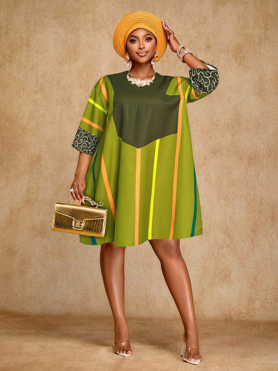 Brilight 女士优雅性感收腰连衣裙南非传统连衣裙派对聚会艺术印花流行色条纹短款连衣裙艺术写真拍摄连衣裙春夏女装 - 綠色 - 查看 1
