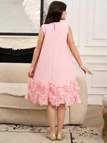 Vestido sin mangas elegante para niñas con decoración de moño y dobladillo con volantes, vestido sin mangas rojo gracioso para niños, adecuado para primavera y verano - Rosa - Ver 2