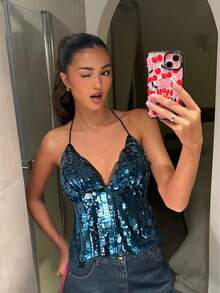 Siren Gaze Women Tie Backless Sequin Halter Top, 70s Retro Top, Summer Party Nightclub Style, Music Festival Island Vacation - Blue - View 7