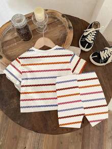 SHEIN Young Girl Floral Print Striped Short Sleeve T-Shirt And Shorts Casual Set - White - View 4