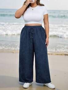 SHEIN CURVE+ Curve 尺码 US22 音乐节、海滨度假、波西米亚风宽松直筒抽绳腰灯芯绒裤，牛仔蓝 - 藍色 - 查看 10