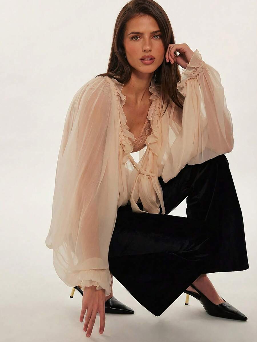 Aloruh Blusa de manga larga holgada con volantes y pliegues en el bajo, estilo bohemio, color albaricoque