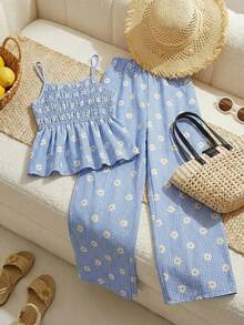 甜美度假休闲吊带背心和阔腿裤套装，适合少女穿着。雏菊印花吊带背心搭配阔腿裤，适合夏季度假、海滩、露营等场合。 - 彩色 - 查看 5