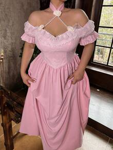 Lyrianda Plus Size Off-Shoulder Lace Patchwork Faux Pearl Chain Decor Floral Vintage Elegant Vacation Party Dress, Sweet Pink - Pink - View 3