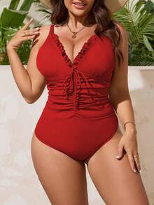 Swim Vcay بدلة سباحة قطعة واحدة مقاس كبير، بلون البن، مزينة بزخارف زهرية، خصر بسحاب، مجعد، مخفف للحجم، جذاب، كاجوال، أنيق للعطلات، مناسب لحفلات حمام السباحة - الأحمر - مشاهدة 4