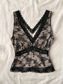 Attitoon Áo camisole thời trang nữ cổ chữ V ren hoa - màu đen - Xem 2