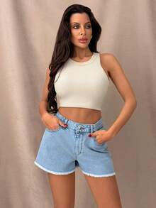 SHEIN Casual Washed Frayed Hem Denim Shorts, Summer Vacation Light Blue - Light Wash - View 6