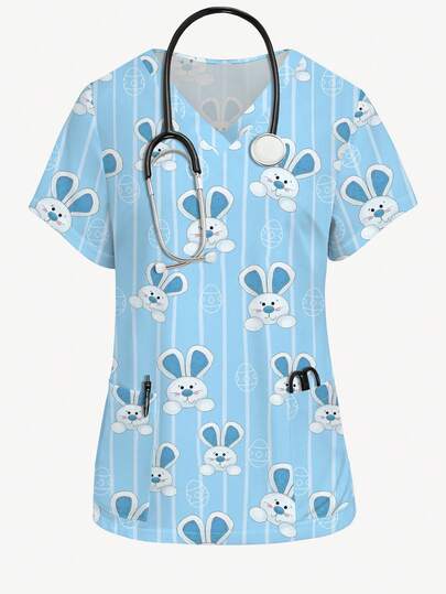 PopScrub Cute Rabbit & Striped Cartoon Print Blue Nurse Uniform Top, V-Neck Short Sleeve Scrubs Shirt, Nursing Uniform For Women, Suitable For Easter & Daily Wear, Spring/Summer