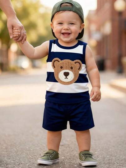 SHEIN Playful Pals 2pcs/Set Baby Boy Casual Outfit, Cute Striped Bear Print Tank Top Paired With Navy Blue Shorts, Suitable For Summer Outings