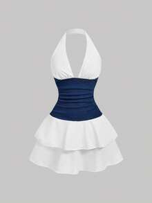 SHEIN MOD Vestido de mezclilla con cuello halter, cintura fruncida y volantes en el bajo, en color contrastante - Azul - Ver 1