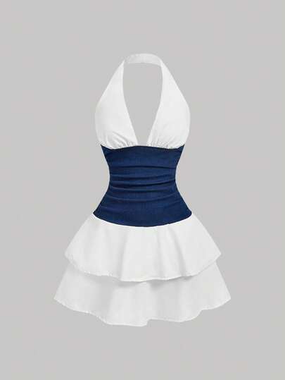 SHEIN MOD Women's Contrast Color Ruched Waist Ruffle Hem Halter Neck Denim Dress