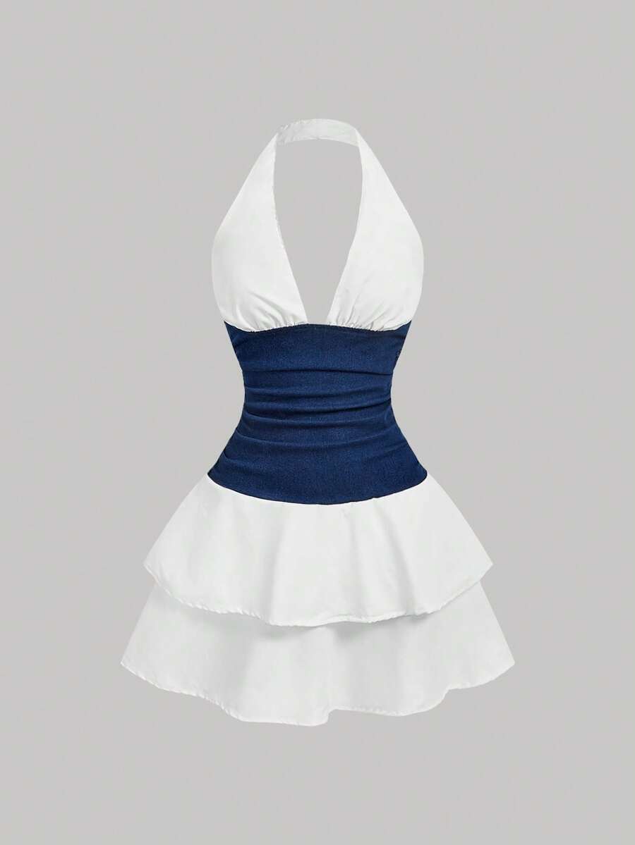 SHEIN MOD Vestido de mezclilla con cuello halter, cintura fruncida y volantes en el bajo, en color contrastante - Azul - Ver 1