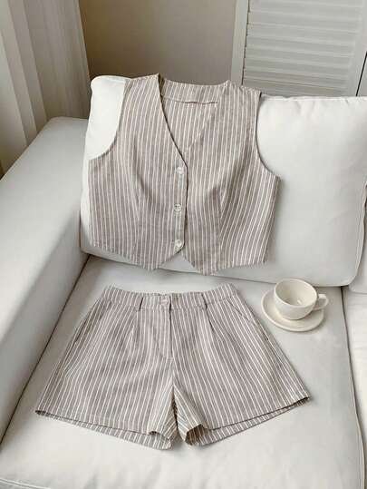 Comfortcana Plus Size Women Spring/Summer Striped Single-Breasted Vest And Shorts Suit Set Ladies Summer Outfit Striped Two Piece Set Two Piece Short Set Women Striped Vest And Shorts Set