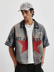 TOKVUE Men's Casual Street Style Zip-Up Short Sleeve Shirt - Black - View 4