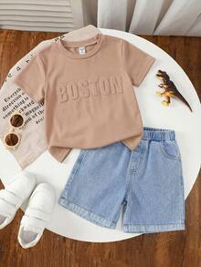 2pcs Toddler Boys' Dinosaur Embossed Denim Shorts Set - Khaki - View 2