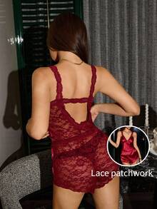 SHEIN Lace Trim Back Faux Silk Camisole And Shorts Women Pajama Set - Burgundy - View 1