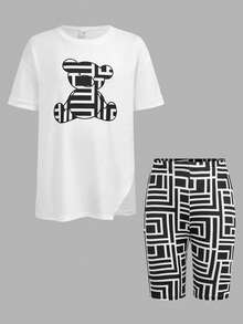 少女日常休闲圆领小熊印花T恤和印花打底裤套装 - 黑與白 - 查看 2