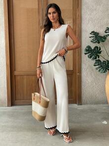 EMERY ROSE 女士休闲圆领背心和裤子两件套 - 杏色 - 查看 4