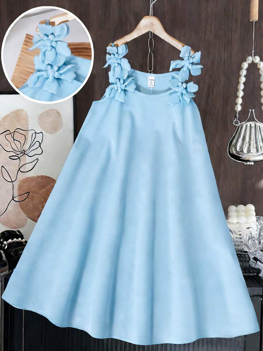 Đầm họa tiết hoa 3D cho bé gái tuổi teen, thích hợp mặc hàng ngày hoặc dự tiệc, mùa xuân/hè/thu. - Màu xanh lam - Xem 1