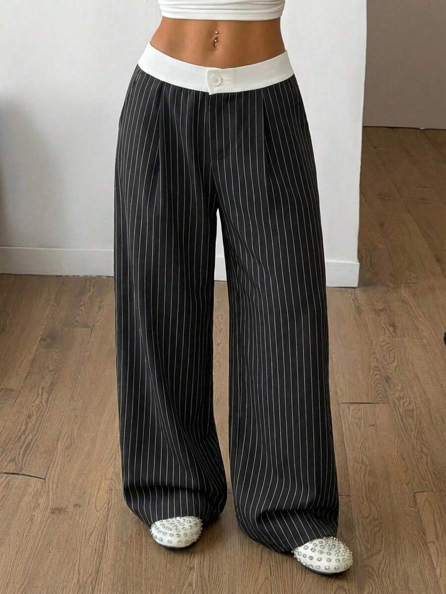 SHEIN EZwear 女士条纹口袋纽扣褶裥休闲百搭日常阔腿裤 - 黑色 - 查看 1