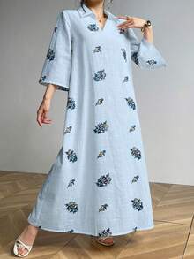 Modelyn 领口镂空刺绣休闲连衣裙 - 藍色 - 查看 5