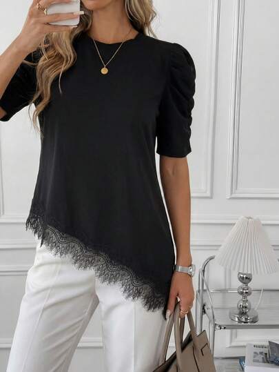 SHEIN Clasi Women's Elegant Solid Color Irregular Hem Lace Patchwork Basic Casual Outdoor T-Shirt, Spring/Summer Women's Casual Solid Color Asymmetric Hem Lace Patchwork T-Shirt, Versatile Daily Wear, Spring/Summer Leisure Top, Suitable For Vacation, Summer, Spring, Spring Break And Various Occasions, Including Beach Dress, Casual Shirt, Outerwear And Summer Top. Asymmetrical Blouse Lace Trim Top Black Asymmetrical Top Women Tops Elegant Black Top Black Elegant Top Lace Trim Short Sleeve Top Black Lace Trim Women's Black Blouse Black Lace Trim Top Puff Sleeve Top Black Blouses For Women Elegant Black Tops Elegant Black Short Sleeve Top Women Elegant Tops Casual Tops For Women Elegant Women Tops Blouses Tee Lace Trim Tshirt Trending Tops For Women Latest Tops For Women New Arrivals Womens Short Sleeve Tops Blouse For Women Elegant Puffed Sleeve Top Asymmetrical Hem Top Women S Short Sleeve Tops Women S Tops And Blouses