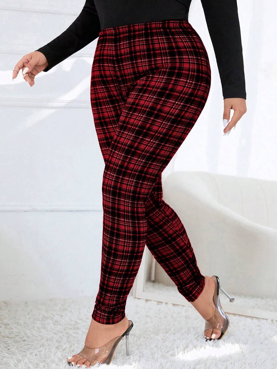 SHEIN Essnce Legging Ketat Elastis Motif Kotak-kotak Ukuran Besar - Merah - View 1