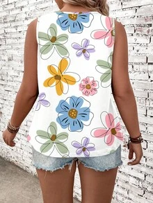 EMERY ROSE Casual Dopamine Flower Print Round Neck Tank Top, Plus Size For Women, Suitable For Summer - Multicolor - View 10