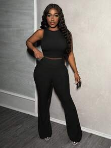 Slaydiva 2pcs/Set Summer Casual All-Match Ribbed Sleeveless Tank Top And Flare Pants Set Work From Home Outfits Women S Tracksuit Wool Two Piece - Black - View 6