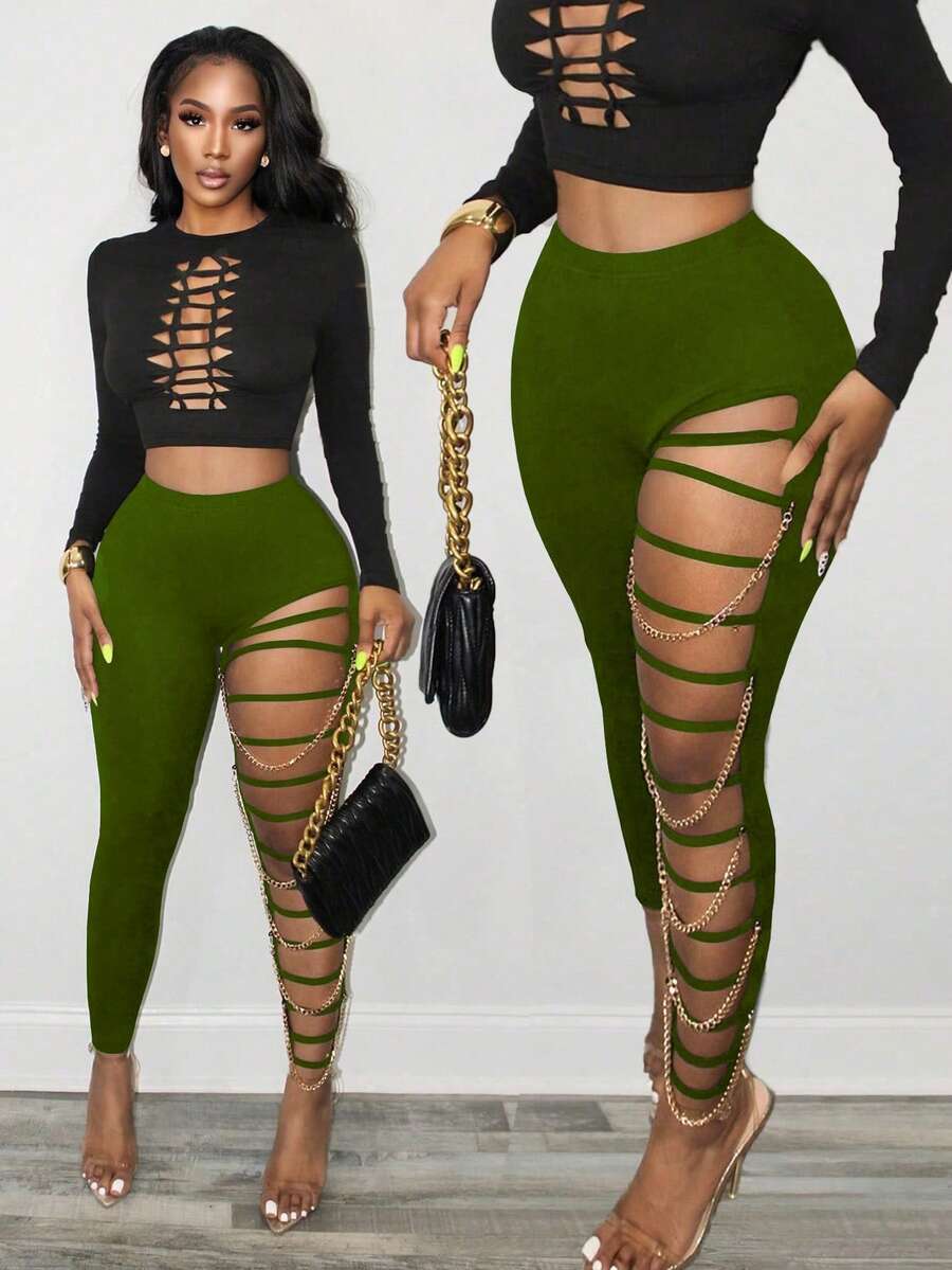 BamGleam Quần skinny nữ dáng ôm gợi cảm mới mùa thu, họa tiết dây xích kim loại rách. - xanh quân đội - Xem 1