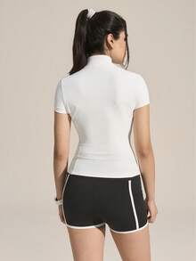 Exploreva Women's Solid Color Mandarin Collar Short Sleeve Top, Contrast Trim Fitted Shorts Outdoor Suit Women's Sportswear Women's Running Wear - Black and White - View 6
