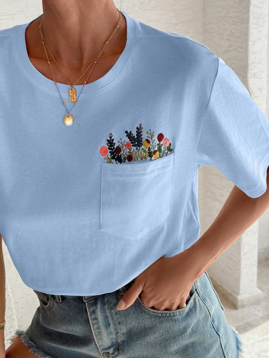 EURMUSE T-Shirt With Flower Embroidery, Round Collar, Pocket Details - Blue - View 1